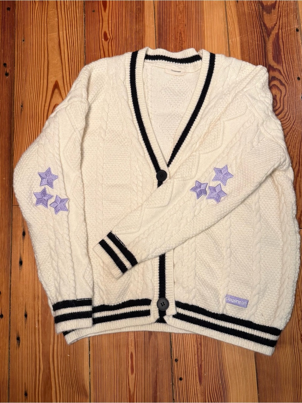 Clousream Star Print Cardigan Swifty XS/S Chunky Cable Knit Purple Stars